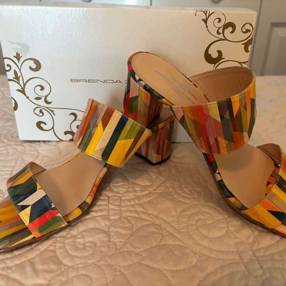 Brenda Zaro LEATHER Multi-Color Geometric Block Heel Slide Sandals - New In Box